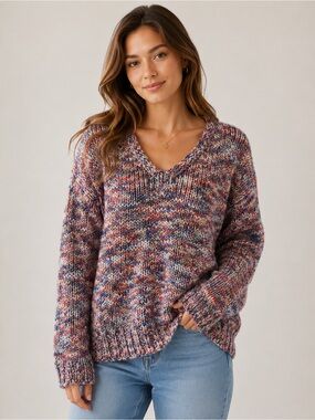 LOFT Lou & Grey Marled Chunky Knit Sweater Multicolor V Neck Cozy Pullover